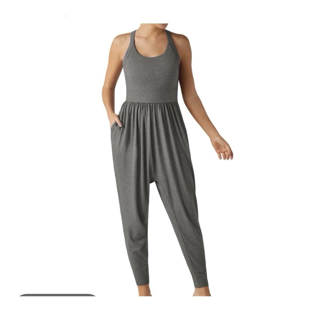 Halara LARGE Gray U Neck Pocket Harem Casual Jumpsuit NWT
